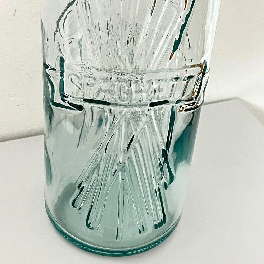 Vintage Glass Spaghetti Canister Made in Italy Clear Blue Tint Cork Lid 12.5